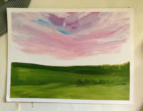 rolling green hills under pink sky painting