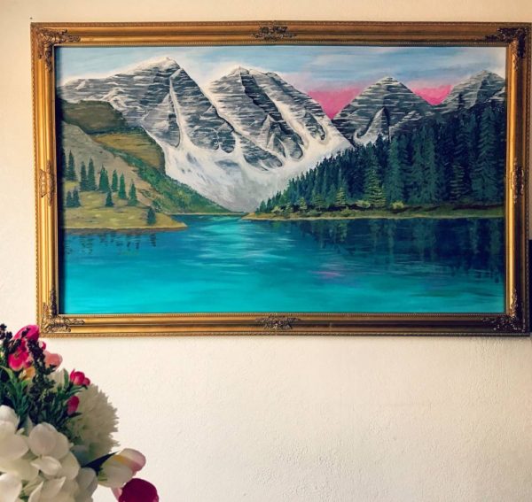 large mountains and lake painting